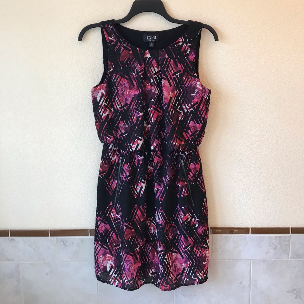 Expo New York Sleeveless Mini Dress Size 12 POCKETS Geometric Print Black Pink
